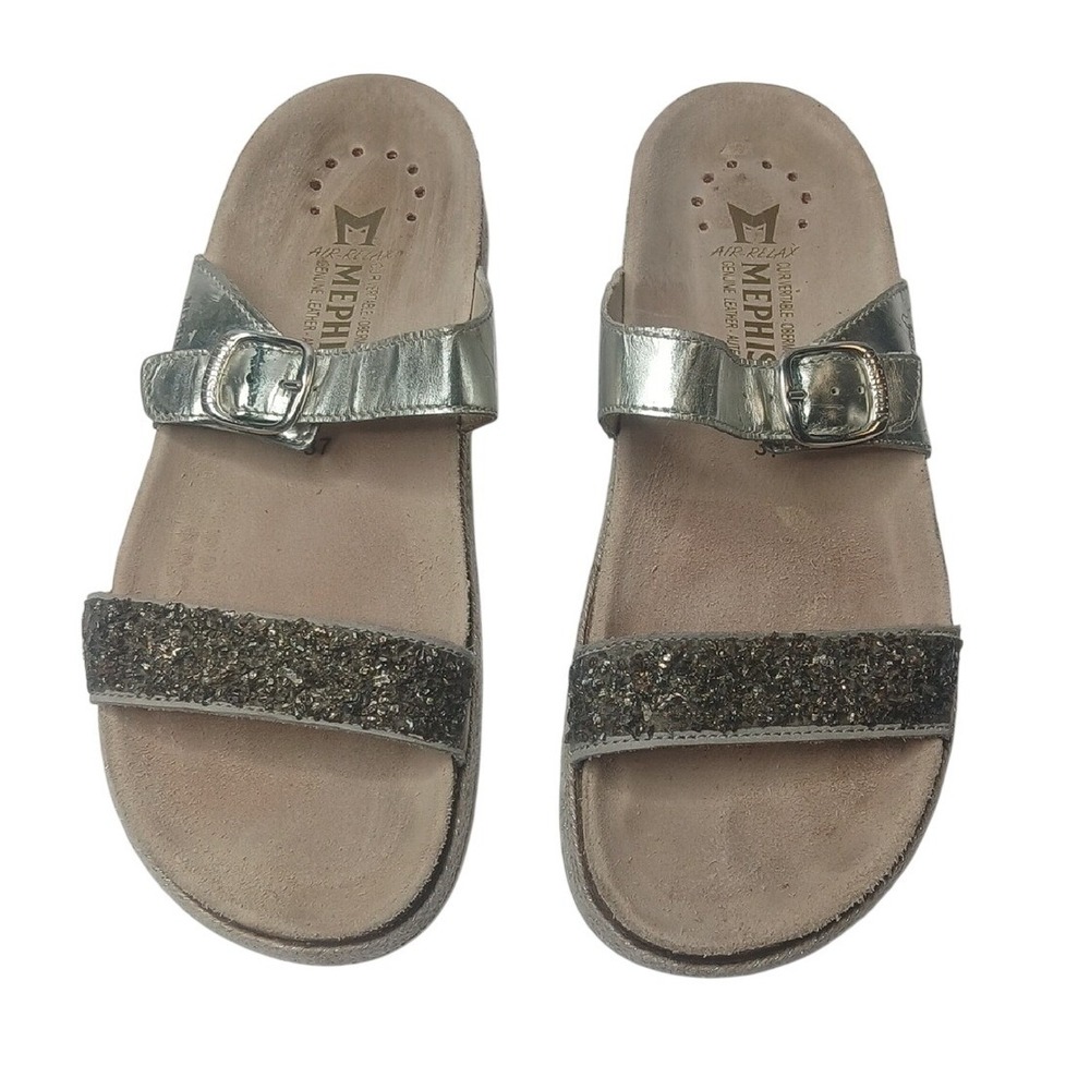Mephisto Air-Relax Silver Metallic Glitter Buckle Slide Sandals Womens 37 - Picture 2 of 7